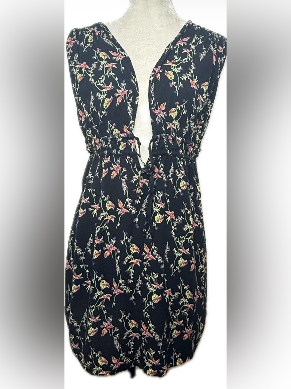 Hurley Women’s Black Floral Sleeveless V‑Neck Drawstring Waist Dress Size M